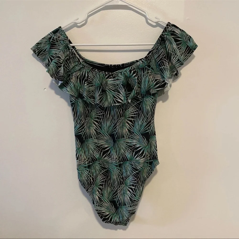 Cabana Del Sol palm leaf tropical print one piece off the shoulder swimsuit S - Picture 2 of 5